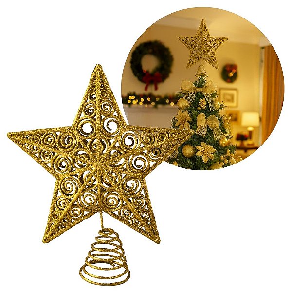 Estrela Ponteira de Natal Dourado Luxo com Glitter Arabesco – Topo de Árvore 20cm com Base Espiral