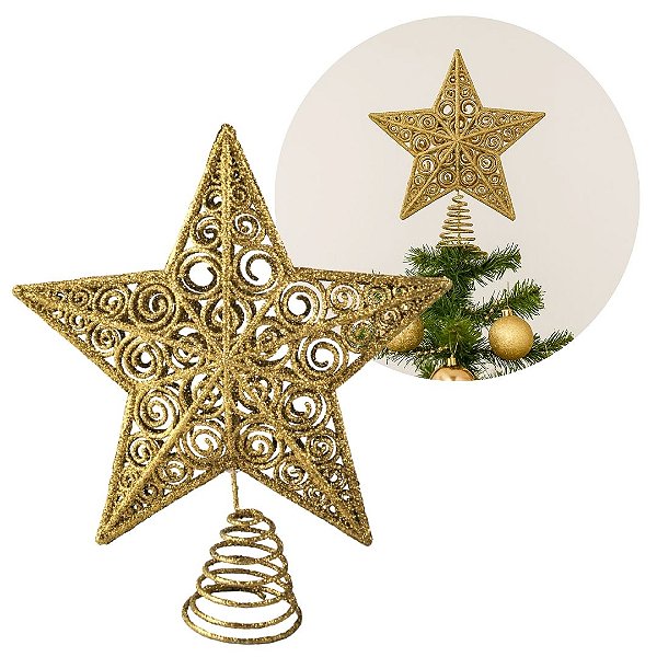 Estrela Ponteira de Natal Champanhe Luxo com Glitter Arabesco – Topo de Árvore 20cm com Base Espiral