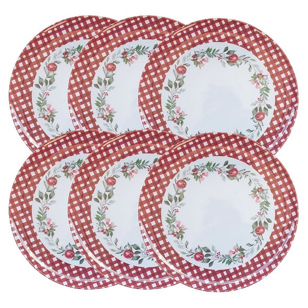 Jogo 6 Pratos de Jantar Natalino Melamina Folhagens, Azevinhos e Romã Borda Xadrez Bordô Fosco 27,5cm