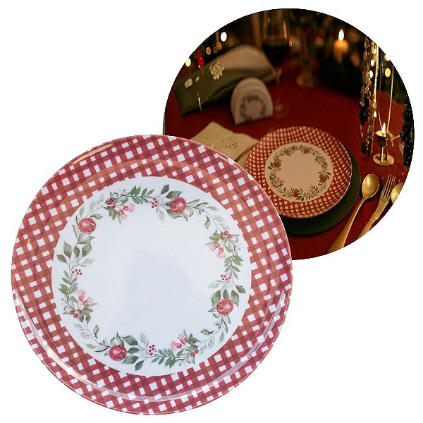 Prato de Jantar Natalino Melamina Folhagens, Azevinhos e Romã Borda Xadrez Bordô Fosco 27,5cm