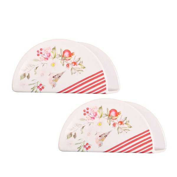 Kit 2 Porta Guardanapos de Mesa Natalino Melamina Estampa Pássaros e Azevinhos 17cm