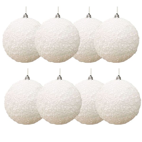 Kit 8 Bolas de Natal Brancas Textura Floco de Neve 8cm Premium – Modelo Flocado com Efeito Neve Polvilhada