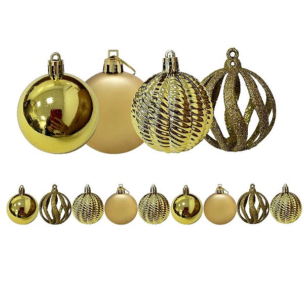 Conjunto 9 Bolas de Natal Douradas Luxo 6cm Texturas Mistas Fosca, Espelhada, Glitter e 3D Premium