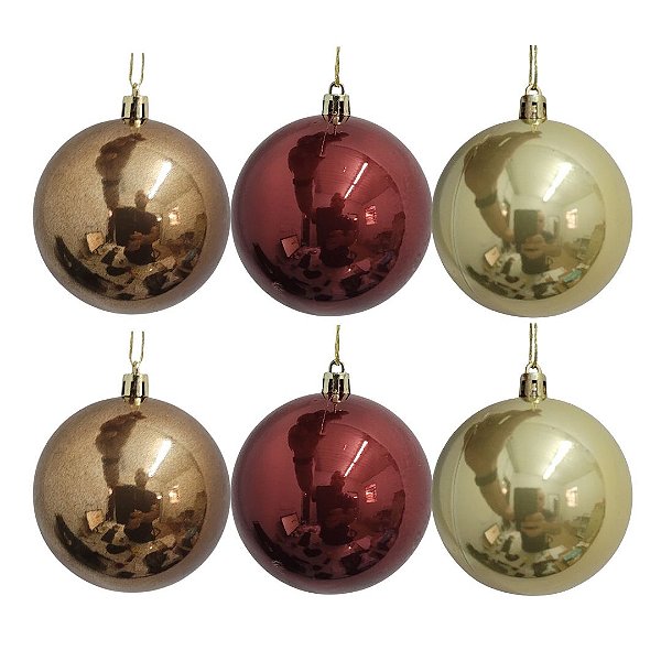 Jogo 6 Bolas de Natal Peroladas Luxo 8cm Vinho Bordô, Dourado e Bronze Brilho Suave