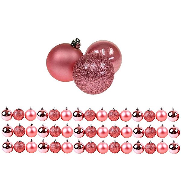 Kit 45 Bolas de Natal Rosê 3cm Texturas Mistas Fosca, Glitter e Brilho Espelhado Premium