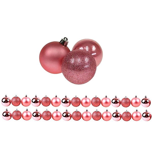 Kit 30 Bolas de Natal Rosê 3cm Texturas Mistas Fosca, Glitter e Brilho Espelhado Premium