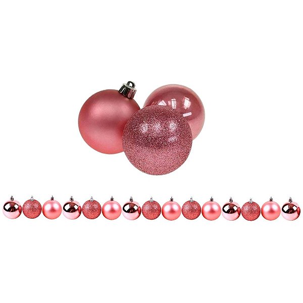 Kit 15 Bolas de Natal Rosê 3cm Texturas Mistas Fosca, Glitter e Brilho Espelhado Premium
