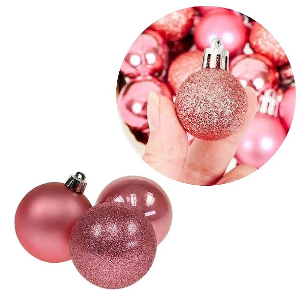 Kit 15 Bolas de Natal Rosa 3cm Texturas Mistas Fosca, Glitter e Brilho Premium