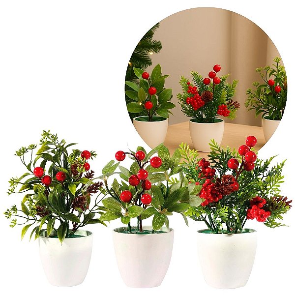 Conjunto 3 Vasos Decorativos Natalinos Folhagens, Pinhas e Berries 23cm Vaso Branco com Pick Natalino