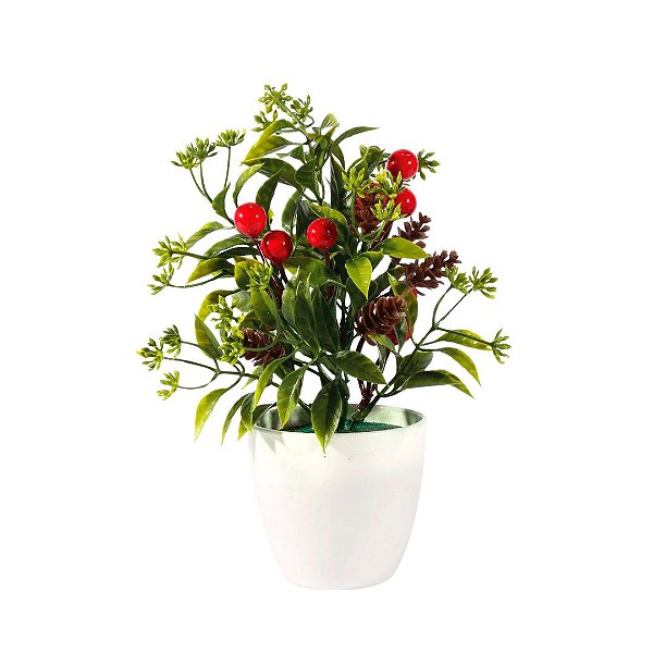 Vaso Decorativo Natalino Folhagens e Berries 23cm Vaso Branco com Pick Natalino
