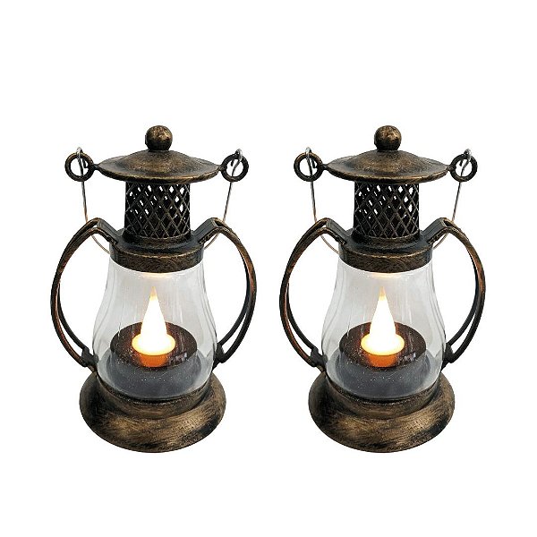 Jogo 2 Mini Lamparinas LED Decorativa Ouro Envelhecido 11cm Vela Artificial Branco Quente com Alça