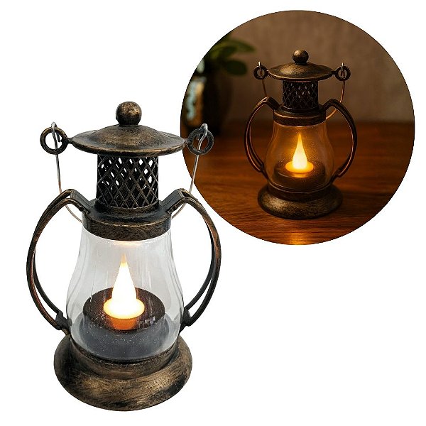 Mini Lamparina LED Decorativa Ouro Envelhecido 11cm Vela Artificial Branco Quente com Alça