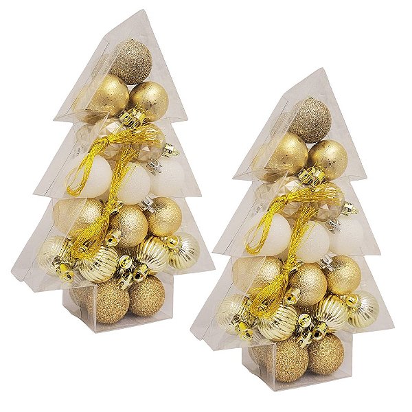Jogo 68 Mini Bolas de Natal Dourado e Branco Mix Texturas Premium 3cm na Caixa Formato Árvore