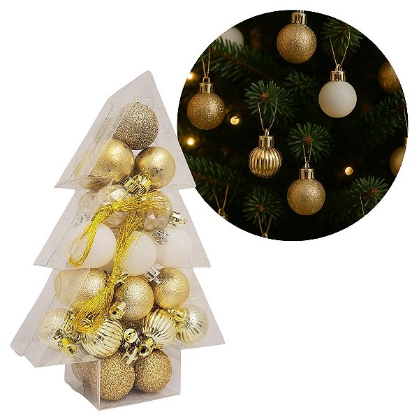 Jogo 34 Mini Bolas de Natal Dourado e Branco Mix Texturas Premium 3cm na Caixa Formato Árvore