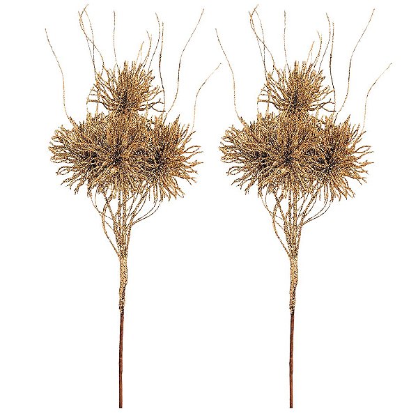 Jogo 2 Galhos Natalino Haste 4 Buchinhos Glitter Bronze Prime 46cm x 15cm
