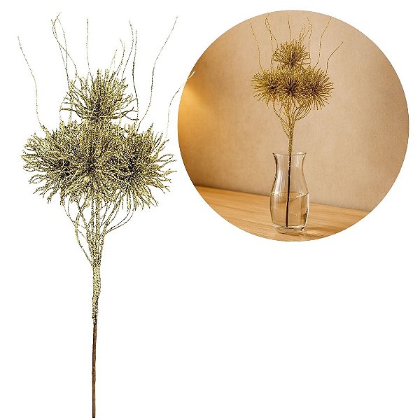 Galho Natalino Haste 4 Buchinhos Glitter Dourado Prime 46cm x 15cm