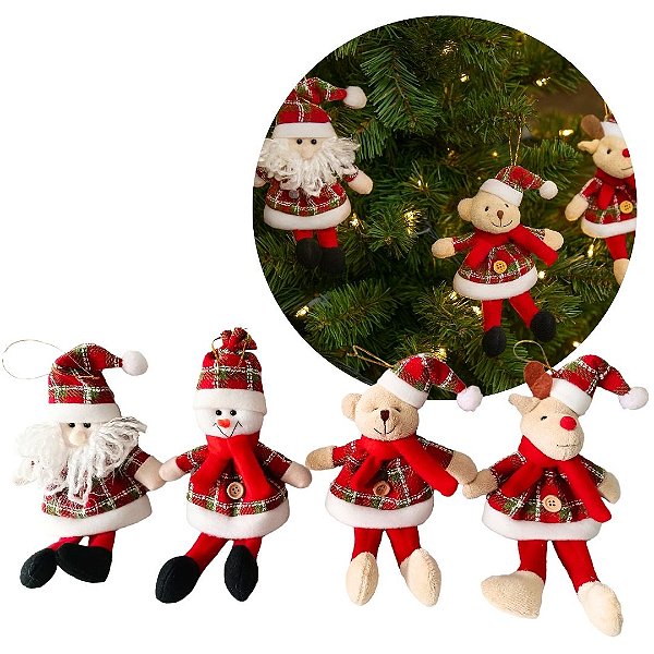 Kit 4 Pelúcias Natal Pendente 22cm Papai Noel, Boneco de Neve, Urso e Rena Vermelho Xadrez 22cm
