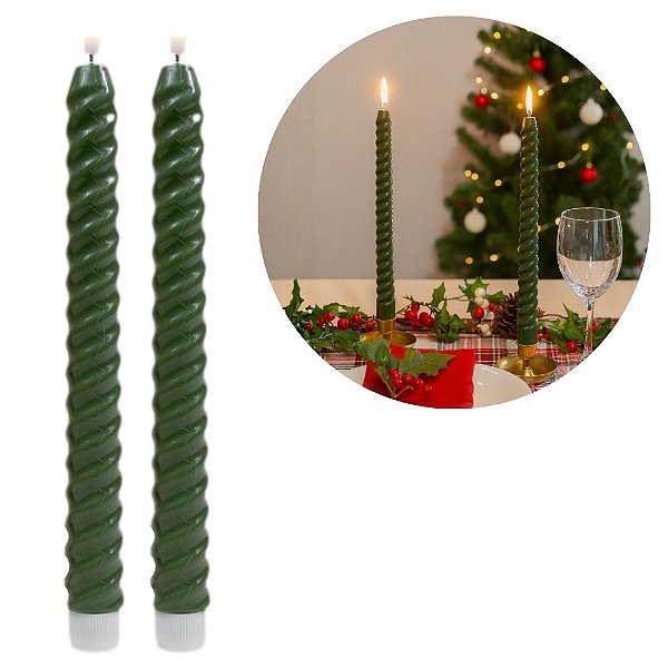 Jogo 2 Velas Eletrônicas Natalinas Verde Torcida 25cm LED Branco Quente Efeito Real