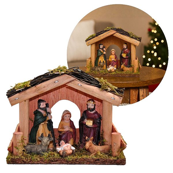 Presépio Resina Premium Manjedoura Madeira 15cm 6 Figuras - Master Christmas