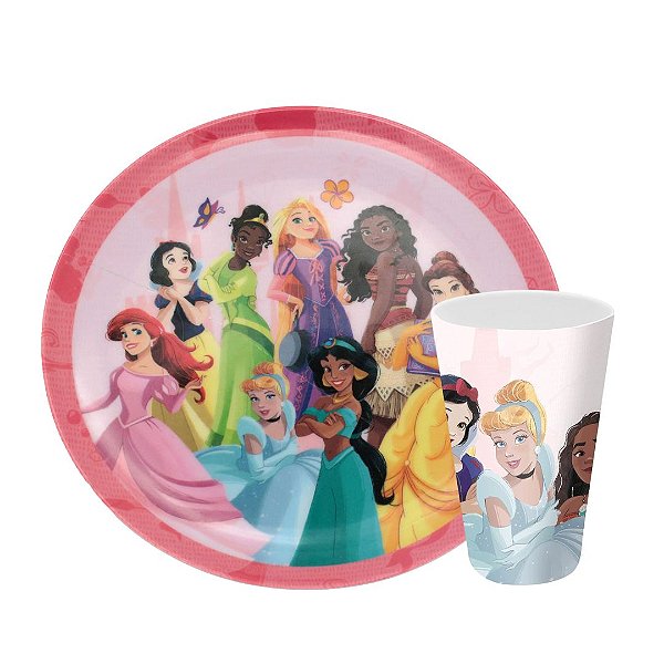 Jogo Refeição Infantil Princesas Disney 2 Peças Prato e Copo Melamina Prime