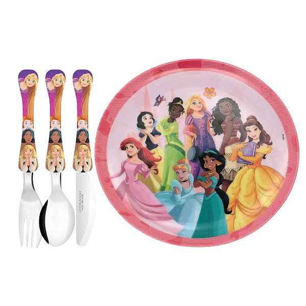 Jogo Refeição Infantil Princesas Disney 4 Peças Prato Melamina e Talheres Aço Inox