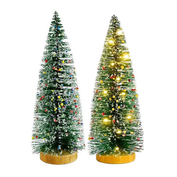 Kit 2 Mini Pinheiro de Mesa Iluminado 25cm Nevado com LED Sequencial e Base de Madeira