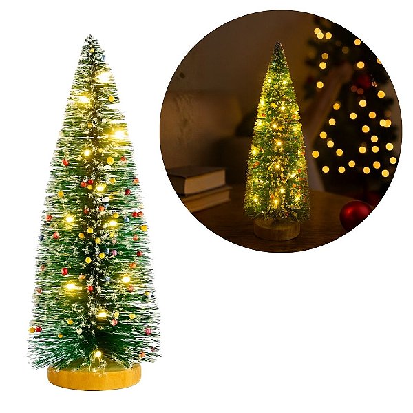 Pinheiro Iluminado Enfeite de Mesa Árvore Nevada LED Sequencial e Base de Madeira 25cm