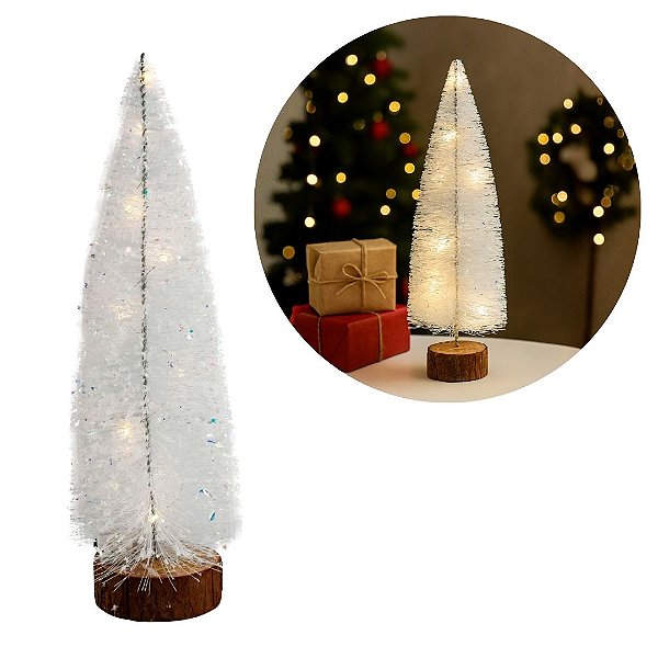 Mini Pinheiro de Mesa Iluminado 30cm Branco Nevado LED Sequencial e Base Tronco Natural