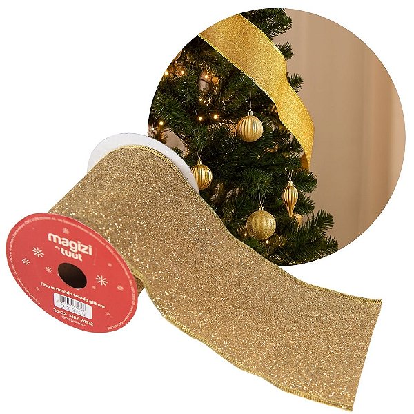 Fita Aramada Decorativa Natal Tecido Premium Brilho Dourado Luxo 10cm x 9 metros Ideal para Laços e Árvores
