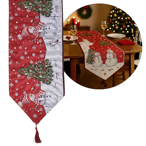 Caminho de Mesa Gobelin Natal Premium 180x33cm Estampa Boneco de Neve e Árvore de Natal