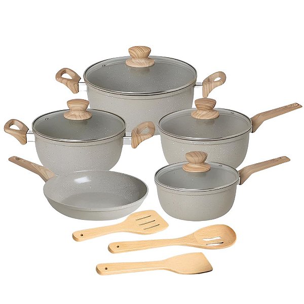 Jogo de Panelas Cerâmica Indução Max Chef Wood Fratelli 5 Peças + Acessórios