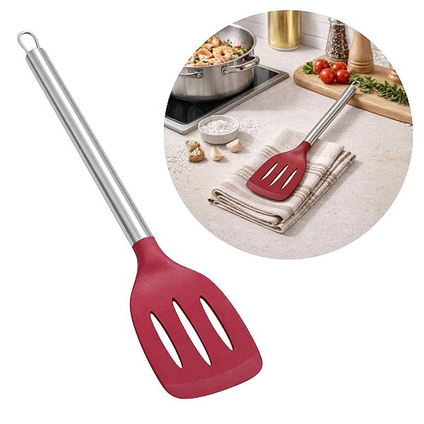 Espátula Vazada de Silicone Vinho Bordô com Cabo em Aço Inox Elite Premium 33cm