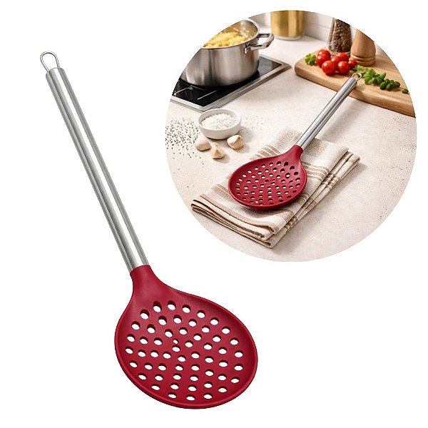 Escumadeira de Silicone Vinho Bordô com Cabo em Aço Inox Elite Premium 34cm