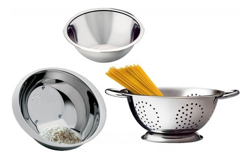 Conjunto Aço Inox 3 Peças Escorredor Arroz, Macarrão E Bowl