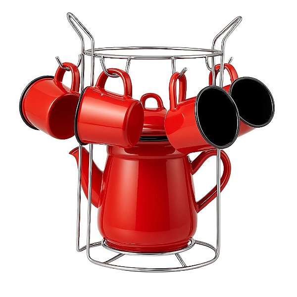 Conjunto Bule Esmaltado 1700ml com 4 Mini Canecas e Suporte Cromado - Tuut