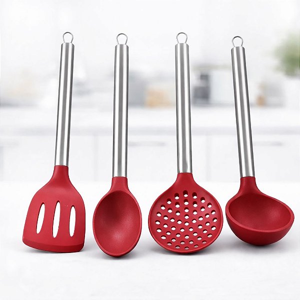 Jogo de Utensílios de Cozinha Silicone Premium Bordô Cabo Inox Elite 4 Peças