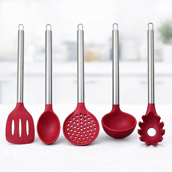 Jogo de Utensílios de Cozinha Silicone Premium Bordô Cabo Inox Elite 5 Peças