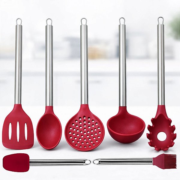 Conjunto 7 Utensílios de Cozinha Silicone Premium Bordô Cabo Inox Elite - Tuut Prime