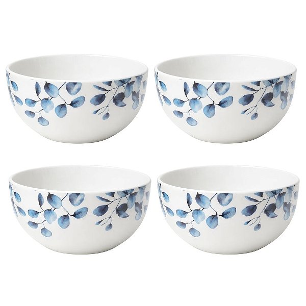 Jogo 4 Tigelas Cerâmica Branca Premium Folhagens Azul Beli Collection 550ml