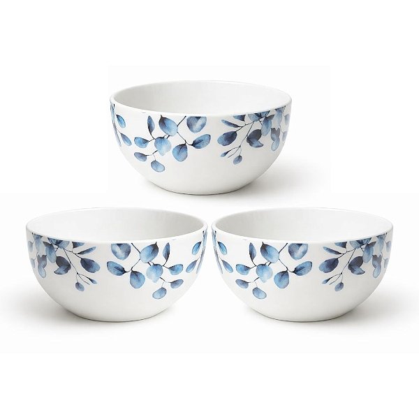 Kit 3 Tigelas Cerâmica Branca Premium Folhagens Azuis Beli Collection 550ml