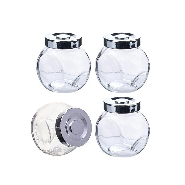 Kit 4 Porta Condimentos em Vidro com Tampa Rosqueável Cromada Prime 110ml