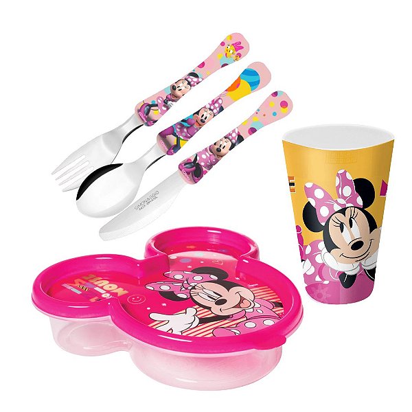 Kit Lancheira Infantil Minnie Disney 5 Peças Pote, Copo e Talheres - Tuut