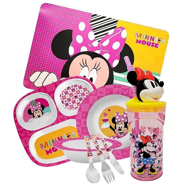 Kit Refeição Infantil Minnie 8 Peças Pratos, Tigela, Copo 3D, Lugar Americano e Talheres