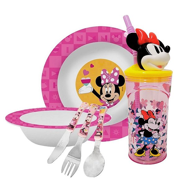 Kit Refeição Infantil Minnie Disney 6 Peças Prato, Tigela, Copo 3D e Talheres