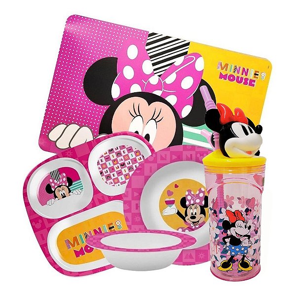 Kit Refeição Infantil Minnie 5 Peças Pratos, Tigela, Copo 3D e Lugar Americano