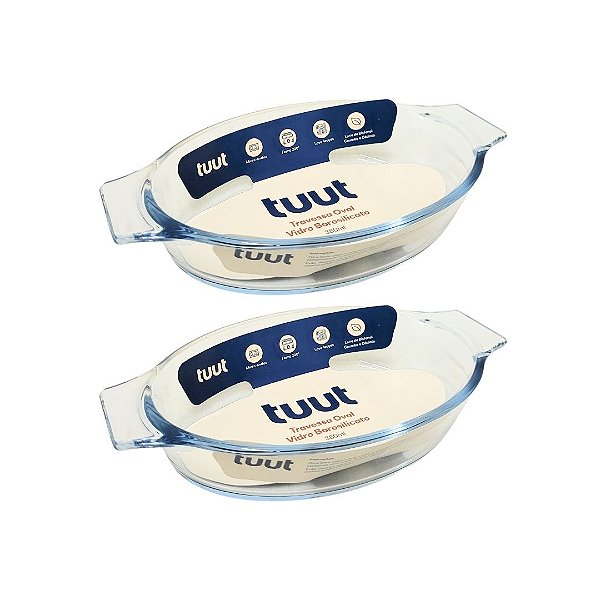 Kit 2 Travessas Oval em Vidro Borossilicato Premium com Alças 380ml Forno e Micro-ondas