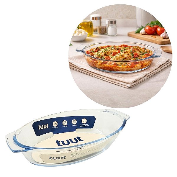 Travessa Oval em Vidro Borossilicato Premium com Alças 640ml Forno e Micro-ondas