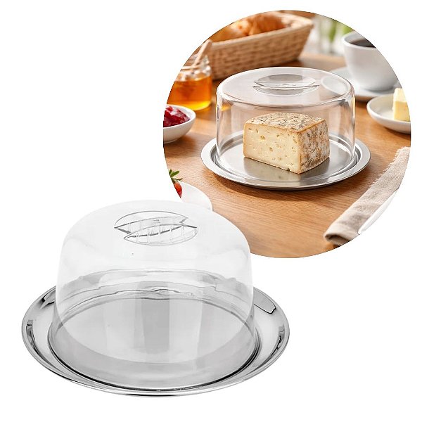 Queijeira em Aço Inox com Tampa Acrílica Redonda 20cm x 9cm