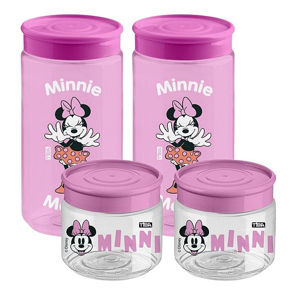 Jogo 4 Mini Potes Multiuso Minnie 160ml e 350ml Rosa BPA Free Licenciado Disney