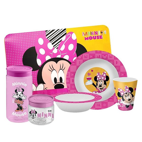 Kit Refeição Infantil Minnie Disney 7 Peças Prato, Tigela, Copo, Potes Multiuso e Lugar Americano